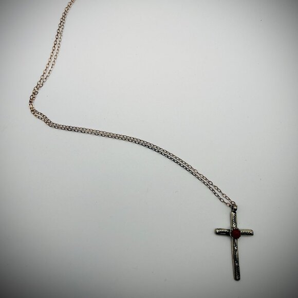 Dainty Sterling Cross Necklace w/ Coral — 18" chain + 1.25" pendant - Picture 3 of 4